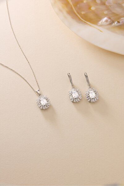 Nereze 925 Ayar Gümüş Set Rodyum Kaplama Baget Beyaz Taşlı Kolye ve Küpe