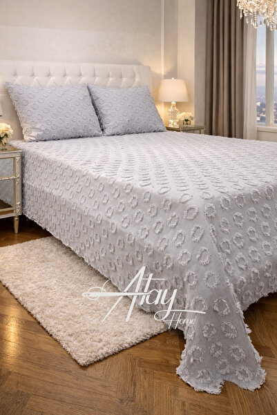 Atay Home طقم غطاء سرير مزدوج من نسيج الشنيل الرمادي من نوفا مقاس 240×260 سم ...