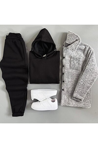 WENMİNG Men's 3 Thread Ş Fleece-Lined Set 3-Piece Combination with Plush Jacket