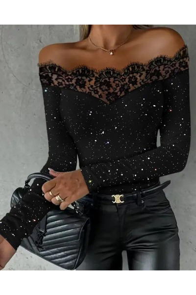 HAZEGO Kadın Uzun Kollu Güpürlü Madonna Yaka Taşlı Mikro Bluz