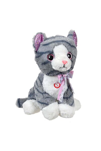 OEM Pisica de Plus Gri cu Sunet si Urechi Fucsia cu Glitter 28cm