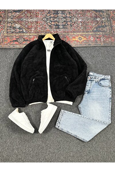 tetramoda Jachetă de pluș pentru bărbați și blugi largi albaștri cu aspect sp...