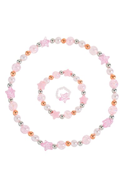 OEM Set Colier Bratara & Inel Roz cu Stele & Margele Albe pentru Copii - 3 piese