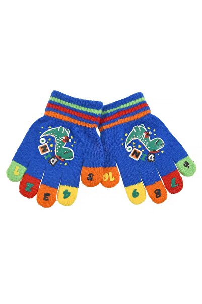 OEM Blue Gloves with Colorful Dinosaur & Numbers Fingers for Children 2-5 Years