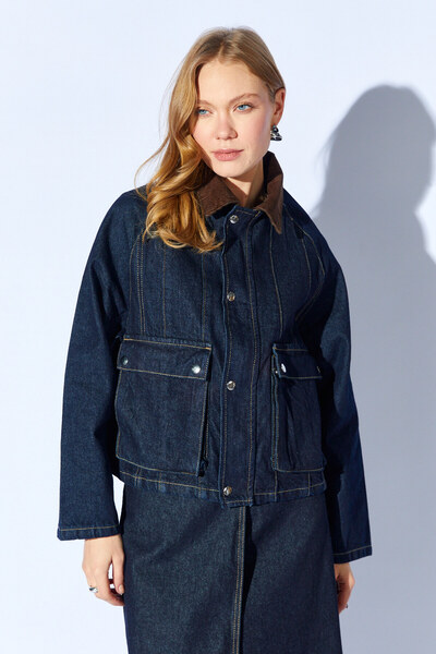 EDITION WOMAN Jachetă din denim Rins Wash cu guler din catifea, cu buzunare d...