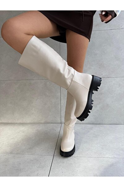 Elvinin Tarzı Dena Beige Color Thick Soled Extra Wide Women's Boots