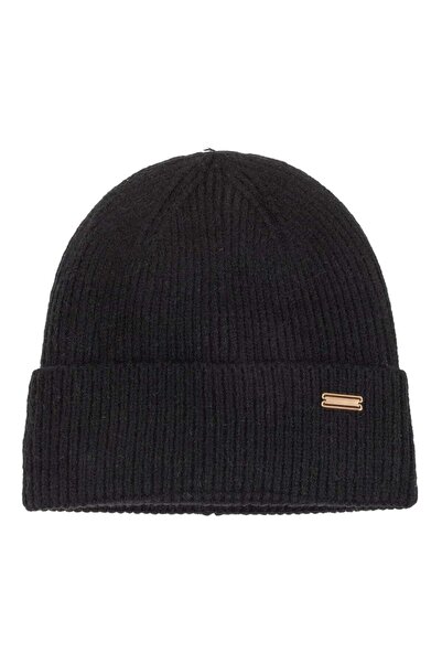 OEM Women's Black Knit Beanie with Lining & Metallic Vignette