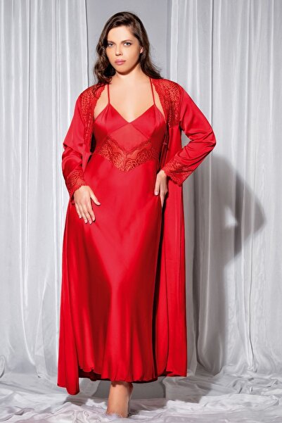 euro click Lace Detailed Red Satin Long Nightgown & Robe Set