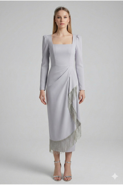 Sultan Ekşioğlu özel tasarım gri taşlı abiye gece elbisesi