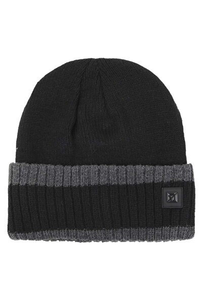 OEM Black Knit Beanie with Grey Stripe Fleece Lining & Vignette for Men