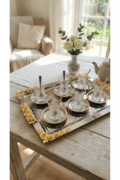 FABRIONA Lüks Aksesuarlı Dikdörtgen Paslanmaz Çay, Kahve, İkram Servis Sunum ...