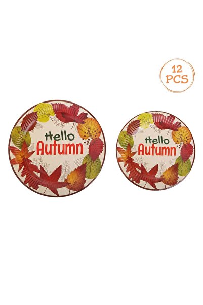 OEM Set of Ecru Cardboard Party Plates with Autumn Leaves Pattern "Hello Autu...
