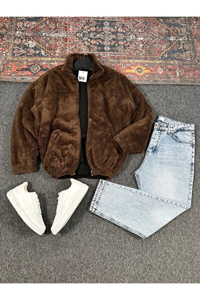 tetramoda Jachetă de pluș pentru bărbați și blugi largi albaștri cu aspect sp...