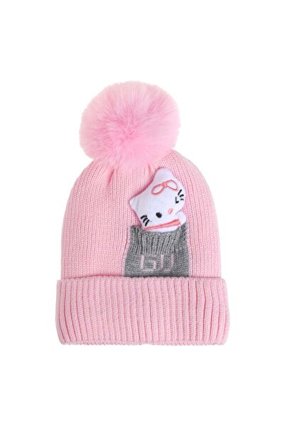 OEM Pink Knitted Hat with Cat Pompom & Fleece Lining for Babies 9 Months