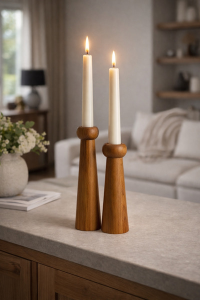 mebaconcept Tik Rengi Ahşap Şamdan Seti 2’li – 14 cm & 18 cm | Dekoratif Muml...