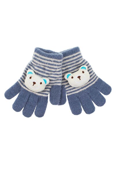 OEM Ecru Blue Gloves with Striped 3D Teddy Bear Velvet for Children 2-5 Years