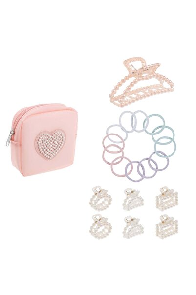 OEM Pink Bag Set with Heart Pattern Beads 7 Hair Clips & 12 Elastics with Lur...