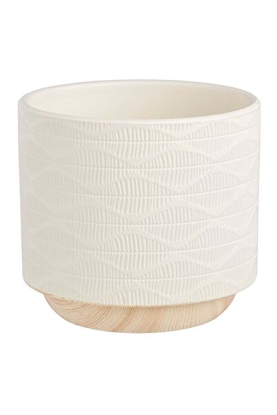 OEM Ecru Ceramic Flower Pot Mask with Embossed Pattern Ø14x14cm - 1.3L