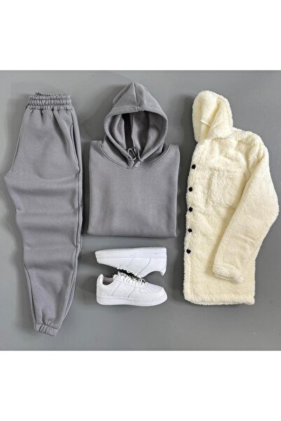 WENMİNG Men's 3 Thread Ş Fleece-Lined Set 3-Piece Combination with Plush Jacket