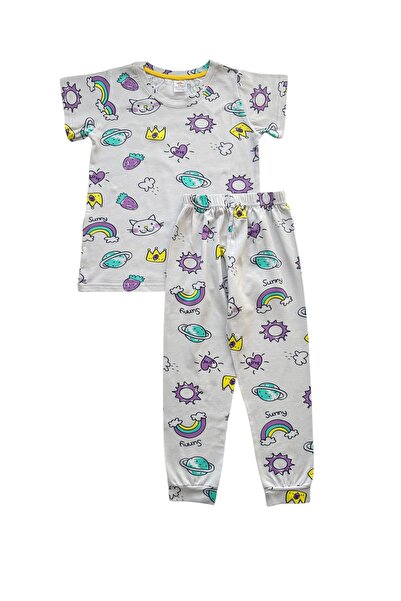 Kidora Kids Girl's 100% Cotton Gray Rainbow Planet Patterned Summer Short Sle...