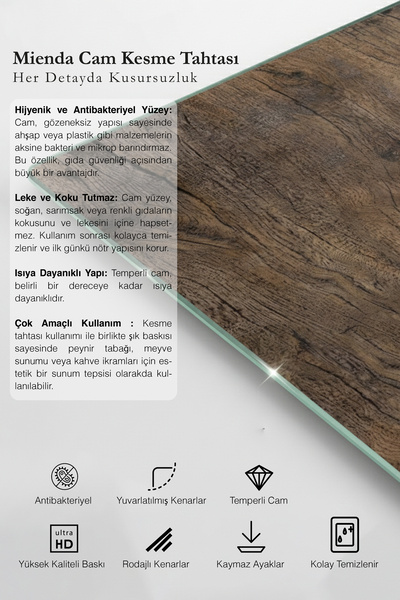 Mienda Home Mienda 25X35 cm Tempered Glass Cutting Board and Presentation Tray - Rustic Wood Texture