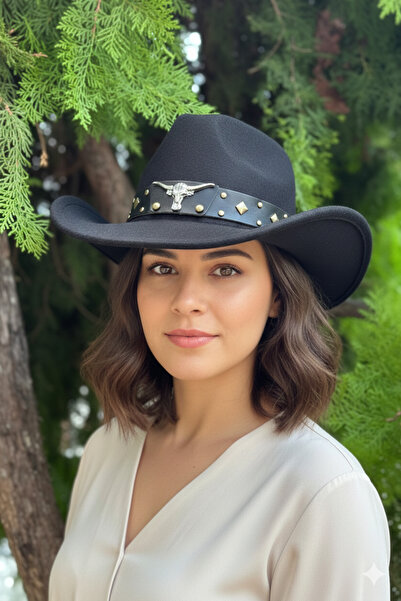 stravis Black Cowboy Fedora Hat with Leather Accessories