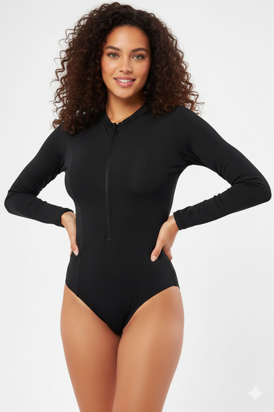 Mavero Kadın Tesettür Siyah Fermuar Detaylı Uzun Kollu Mayo - Dalgıç Model To...