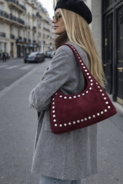 mèche atelier since 2024 Studded Women's Suede Handbag Burgundy