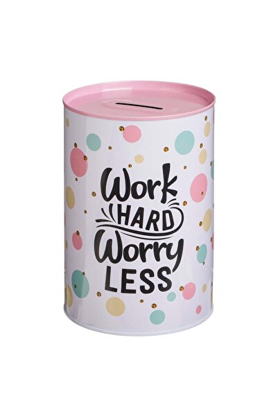 OEM White Metallic Piggy Bank with Polka Dots "Work Hard Worry Less" Ø10x15cm
