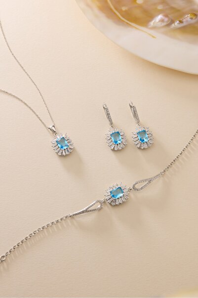 Nereze 925 Ayar Gümüş Set Rodyum Kaplama Baget Aquamarin Taşlı Kolye,Bileklik...