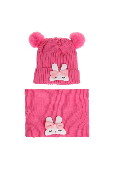 OEM Pink Hat & Circular Scarf Set with Bunny Pattern for Children 6 Years Old...