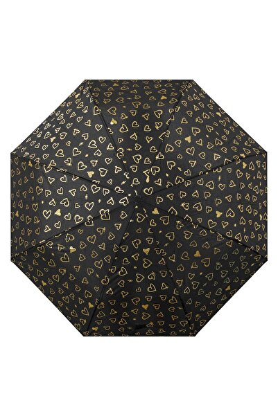 OEM Black Manual Folding Rain Umbrella with Gold Foil Hearts & Curved Handle ...
