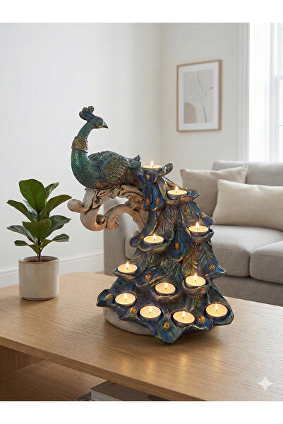 Dekoromi Dev Boy Tavus Kuşu Heykel Mumluk 37x27cm - Dekoratif Salon Biblo Şam...