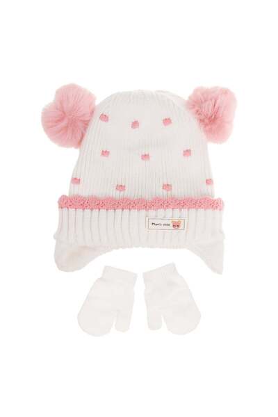 OEM Set Caciula Ecru Roz cu Pompon & Manusi cu Model Ursulet pentru Copii 9 L...