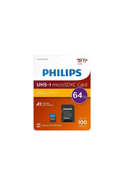 Philips FM64MP65B, 64GB, SDXC, UHS-I, V30, Class10, MicroSD Kart Bellek (SD A...