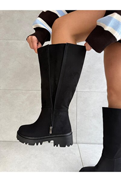 Elvinin Tarzı Dena Black Suede Color Thick Soled Extra Wide Women's Boots