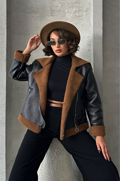 Stephany Boutique Leather Jacket with Zipper and Fur, Black-Brown