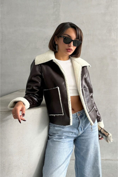 Stephany Boutique -Leather Jacket with Fur, Brown and Cream