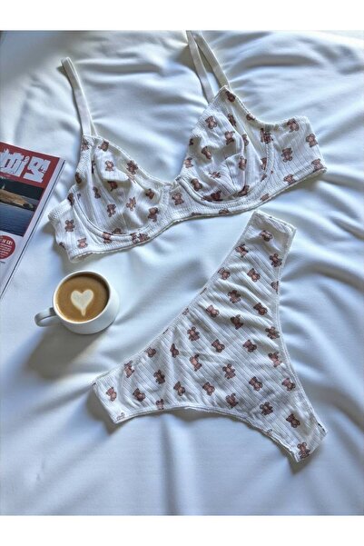 aldyoo Miniş Teddy Bear Patterned Underwire Cotton Combed Cotton Bra Thong Set