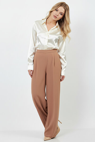 Volanlı Camel Wide Leg Pantolon