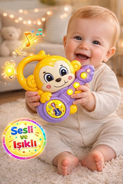 TOYFEST Sesli ve Işıklı Gitar Çalan Maymun Bebek Oyuncağı - 14 CM