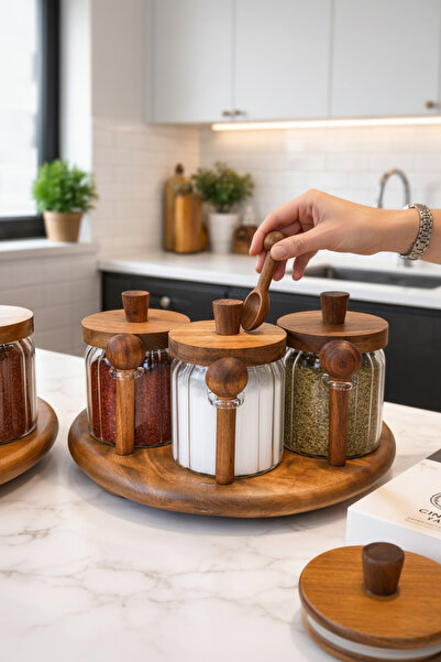 Kezze 3'lü 450 ml Akasya Kapaklı Kaşıklı Cam Kavanoz Seti - Vakumlu Baharat &...