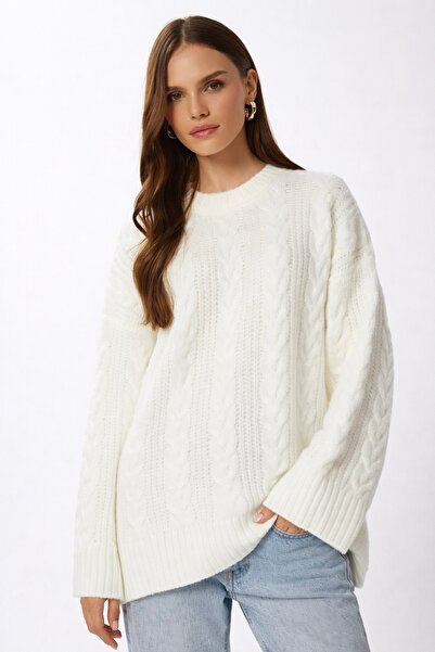 Noi Belis Oversized Knit Detailed Crew Neck Sweater Aw25Kz0129