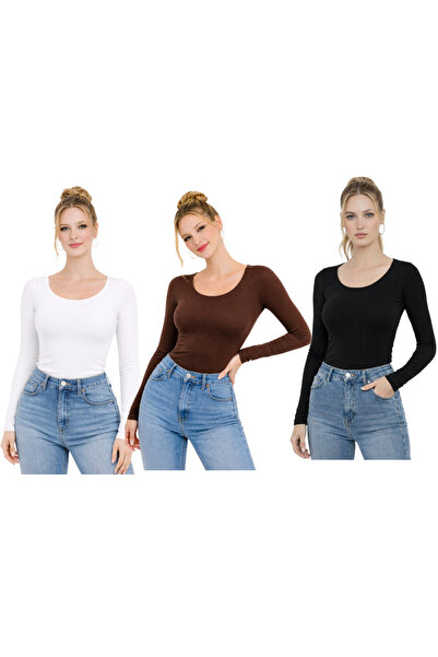 MODARENGİN Women's 3-Piece Long-Sleeved Ballerina Collar Bodysuit