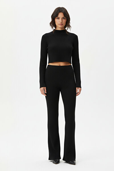 CGDI Women's Black Corded Fabric Tracksuit Set – Crop Long Sleeve Top & Leg P...