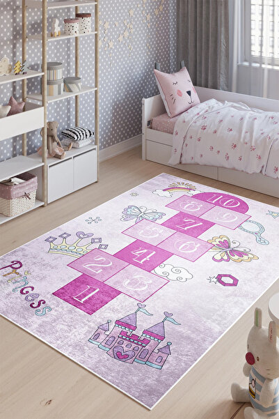 HaLıFoRuM Çocuk Halısı Seksek Desen Pembe Kaymaz Taban Yıkanabilir Halı KİDS-...