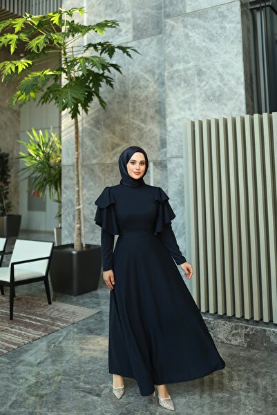 By Atelier Lavin Navy Blue Flared Evening Dress with Ruffled Sleeves