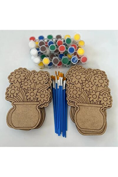 WoodStory Ahşap Boyama Oyuncak Seti / Etkinlik – 25’li Çiçek Figürü + 25 Akri...