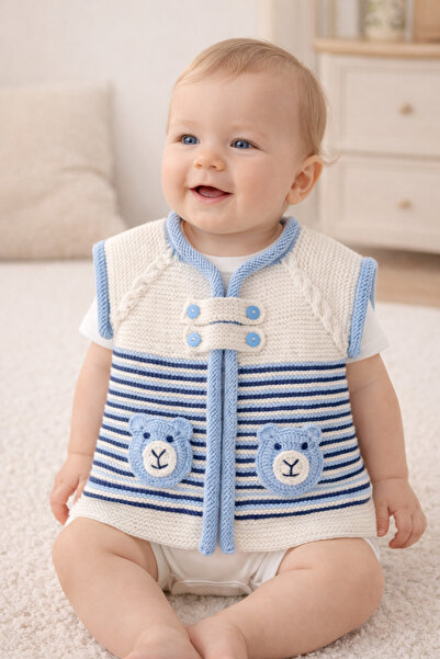 Aykır ı Bebe El Örgüsü Ayıcık Desenli Bebek Yeleği – 0-1 Yaş | %100 Pamuk