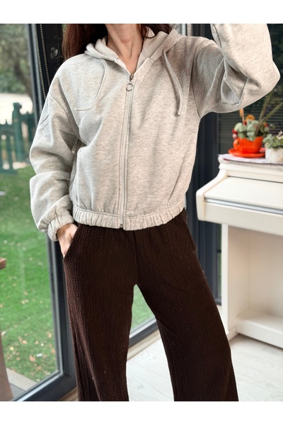 LUNSHI Kapüşonlu Fermuarlı Kısa Sweatshirt